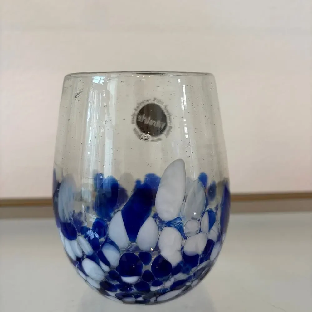 2pc Hand Blown Mexican Art Glass Stemless Wine Glasses Blue & White Confetti NEW